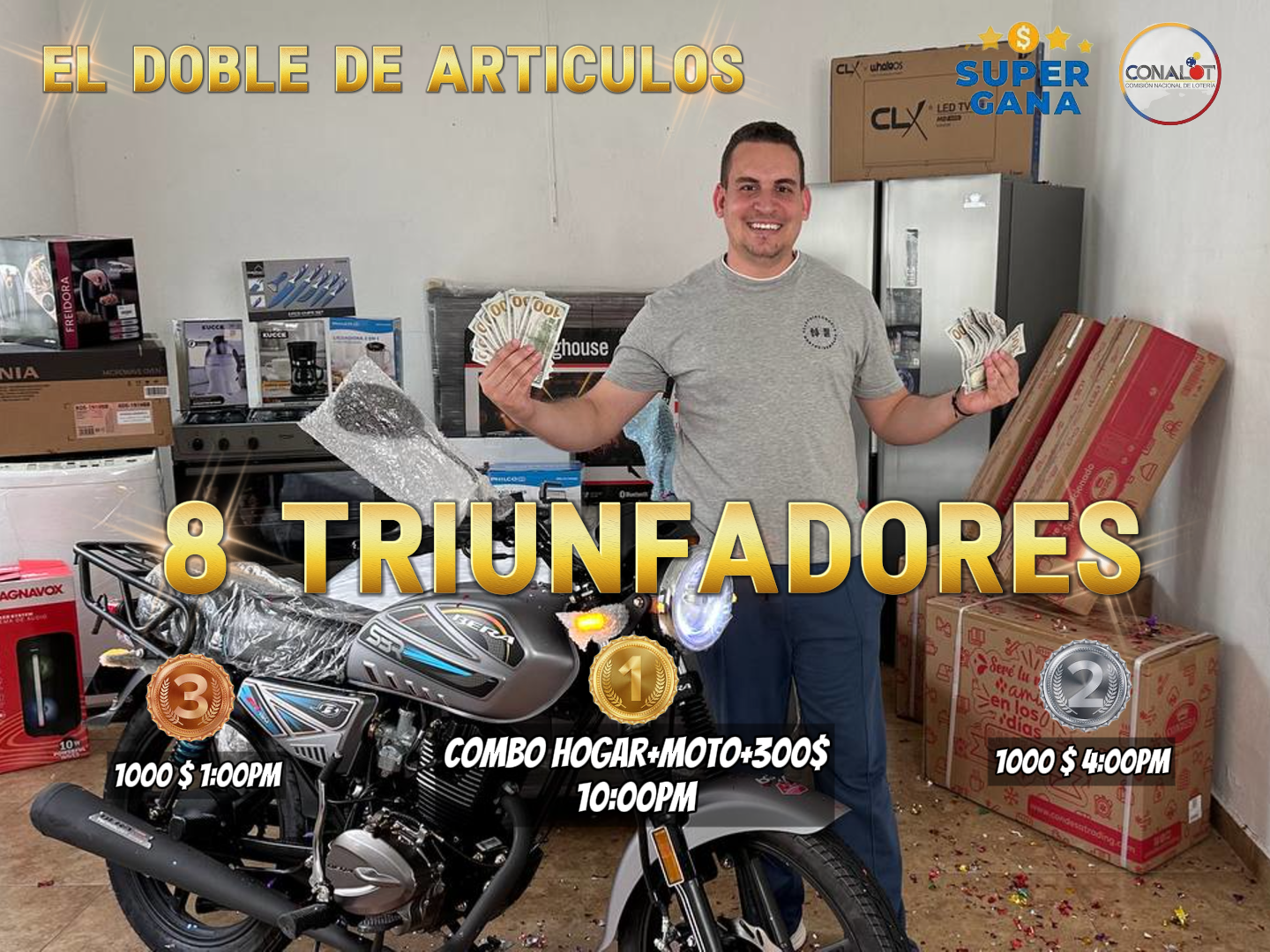 8 TRIUNFADORES / 1ER PREMIO (10:00PM) UN COMBO HOGAR +MOTO 0KM+300 $ / 2DO PREMIO 1000$ / 3ER PREMIO 1000$/ Y PREMIOS SORPRESAS TRIUNFACONZEILA JUEGA POR LA LOTERIA DEL TACHIRA RESULTADOS SUPER GANA 02/07/25 "DONDE TODOS SOMOS GANADORES"