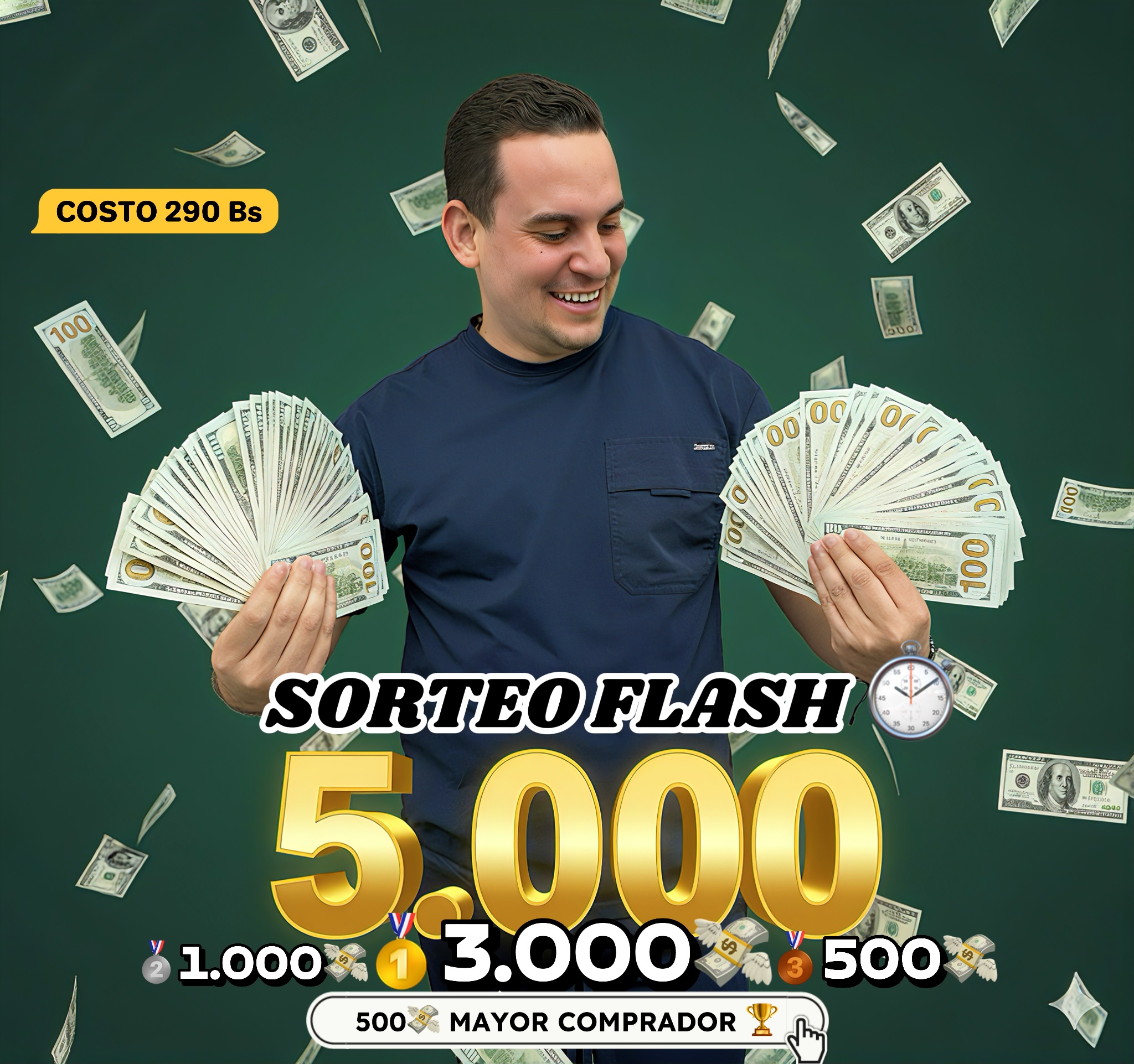 POCO TIEMPO ⏱️ 5.000💸 en premios!🥇3.000$ en transferencia🥈1.000$ en transferencia 🥉500$ en transferencia y 💸 500$ para el MAYOR COMPRADOR DE BOLETOS 🎟️