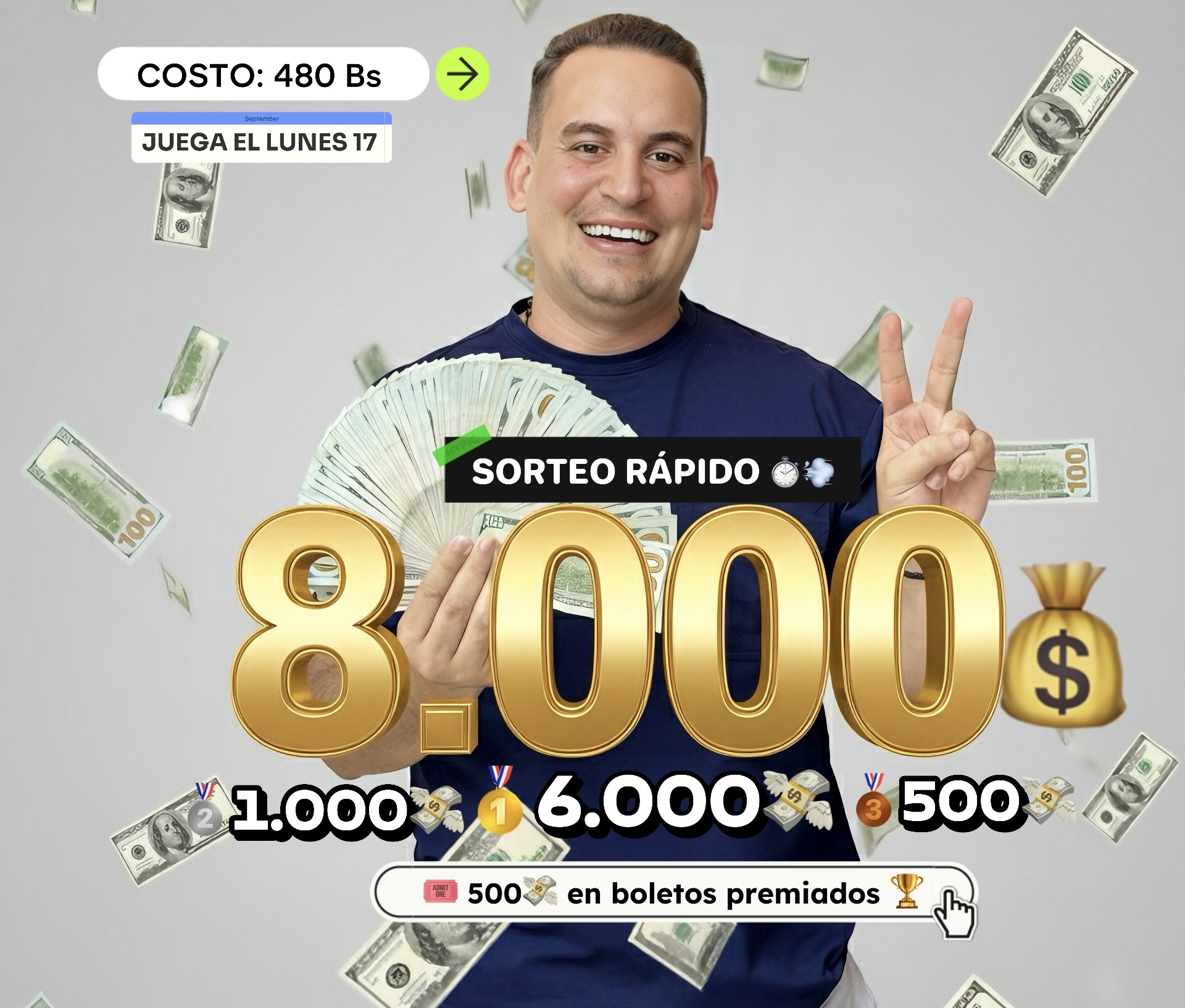 SORTEO RÁPIDO ⏱️ 8.000💸 en premios!🥇6.000 en transferencia🥈1.000$ en transferencia 🥉500$ en transferencia y 💸 500$ en boletos premiados 🎟️
